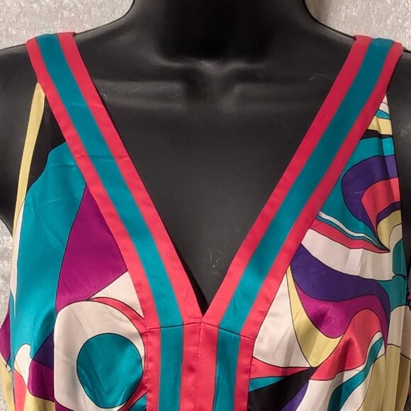 ECI NEW YORK Silk Colorful V Neck Dress Waist Tie Ruching Waist Size 10 - Picture 3 of 9